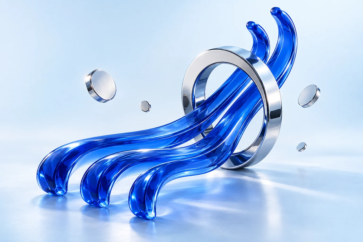 Three flowing blue ribbons pass through a silver portal